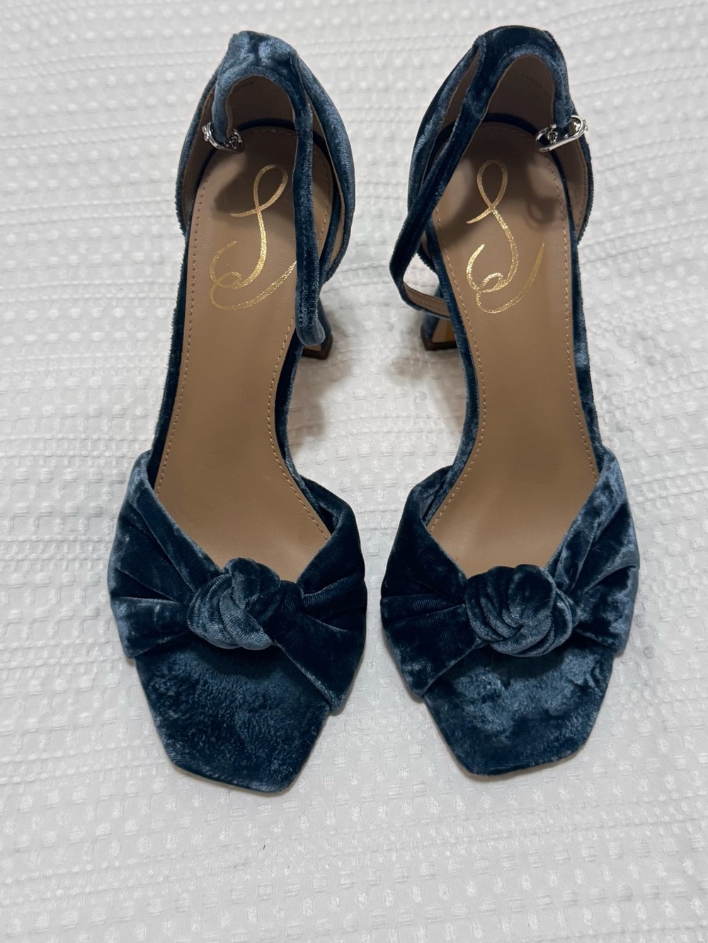 Sam Edelman Teal Velvet Knot Front Ankle-Strap Heels